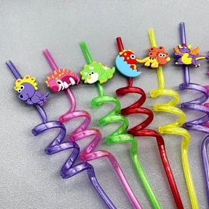 Colorful plastic cartoon dinosaur spiral drinking straws reusable kids party drinkware