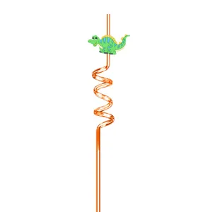 Reusable plastic curly straw for kids featuring a cute green dinosaur cartoon design.