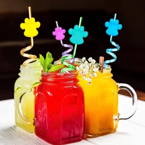 Colorful cartoon paw shaped swirl plastic straws, perfect fun party drinkware for kids.