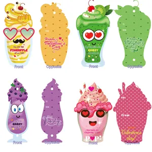 Kids Valentine's Day straw greeting cards set, cute fruit cup shaped paper tags for party gifts.
