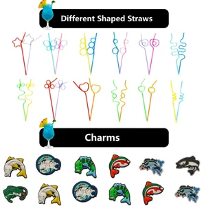 Colorful creative shaped straws and cute cartoon fish silicone charms for party decoration.