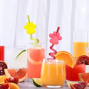 Cute cartoon paw curly plastic straws for party drinks, reusable colorful juice beverage straw.