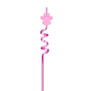 Cute pink spiral plastic drinking straw with adorable cartoon pet paw decoration for party.