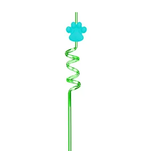 Blue paw print detail on green plastic spiral drinking straw for party tableware and kids.