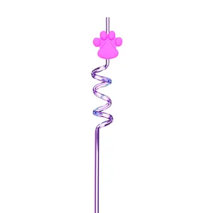Detailed close-up view of the cute pink paw print spiral plastic straw for kids party.