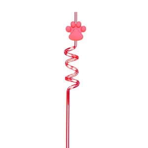 Red plastic spiral straw detail with cute pink paw topper for kids party drinks and fun use.