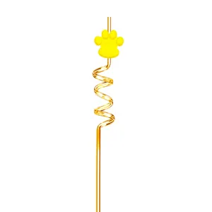Detail view of the creative spiral plastic straw featuring a cute yellow paw print decoration.