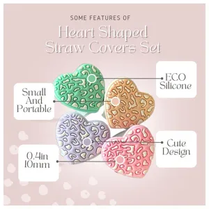 Cute heart shaped straw covers set, 10mm silicone reusable straw topper for cups daily use.