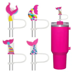 Mermaid tail silicone straw covers set with pink tumbler for 10mm straws detail view