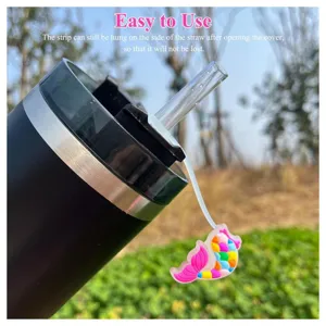 Silicone mermaid tail straw cover cap for 10mm tumbler straws, cute pink decorative accessory.