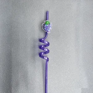 Purple curved plastic straw featuring a cute glitter grape charm, reusable drink accessory.