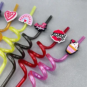 Valentine themed spiral plastic straws set with cute charms detail close up reusable drinking straws