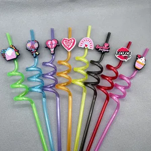 Reusable plastic spiral drinking straws with Valentine theme charms for party gifts detail view.