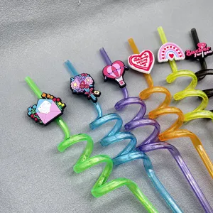 Valentine day plastic spiral drinking straws with cute PVC charms, reusable party gifts.