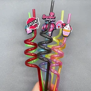 Valentine's day curly plastic straws with cute silicone charms reusable drinkware
