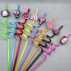 Valentine's Day curly plastic straws with cute themed charms for kids reusable drink straws
