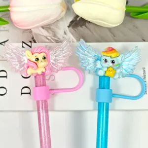 Cute cartoon winged pony straw covers set, silicone dustproof straw caps for cups.
