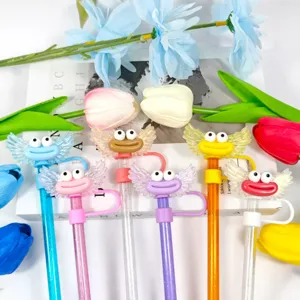 Cute funny expression straw cover with acrylic wings dust cap for silicone reusable straws