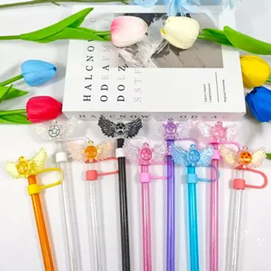 Colorful acrylic wing straw covers detail display with cute silicone rings and clear straws.