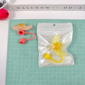 Cartoon acrylic wings straw cover dustproof cap reusable silicone straw topper for cups