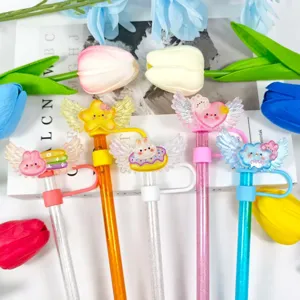 Cute cartoon acrylic wings straw cover dust cap set, creative colorful drinkware accessory.