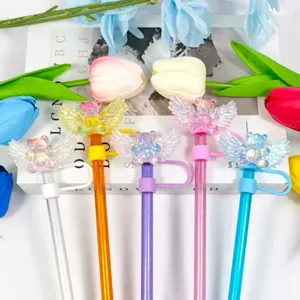 Colorful resin angel bear straw covers cute glitter dust plugs for DIY drink cups aesthetic