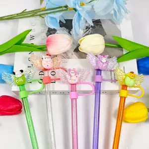 Cute cartoon winged straw covers and dust caps set for DIY drinkware accessories.