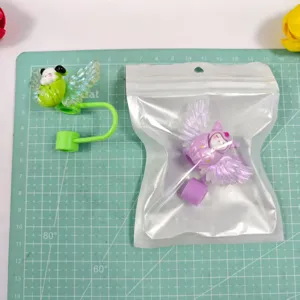 Cute cartoon wing straw cover detail, creative glitter dust cap for daily drink cups.
