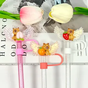 Cute cartoon bear straw cover with glitter wings, creative acrylic dust cap for straws.