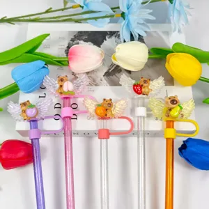 Cute cartoon bear wings straw covers set with colorful sparkling glitter straws.