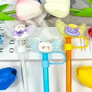 Cute cartoon cat and coffee cup straw cover with glitter acrylic wings decorative dust cap.