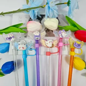 Cute cartoon cat straw covers with angel wings, colorful acrylic dust-proof plugs for reusable straws.