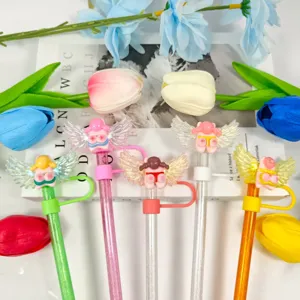 Cute angel wings straw covers with funny expression lips, creative acrylic dust caps for drinks.