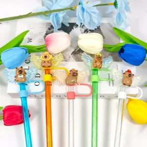 Cute cartoon animal straw covers with acrylic angel wings creative dust cap for drinking straws
