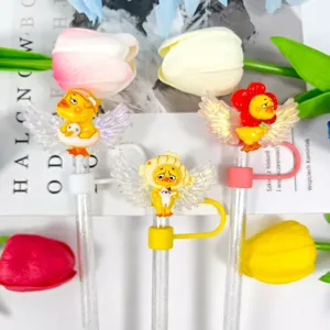 Cute cartoon duck straw cover with acrylic wings, funny expression DIY dust-proof cup cap.
