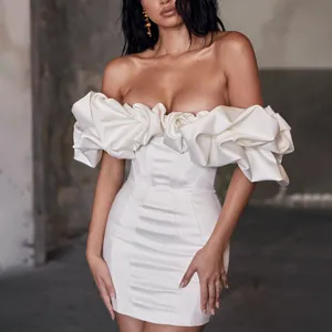 Sexy off-the-shoulder mini dress with boned corset and ruffled bust for women party club.
