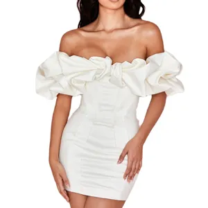 Sexy off-shoulder white mini dress with dramatic ruffle sleeves and structured corset boning.