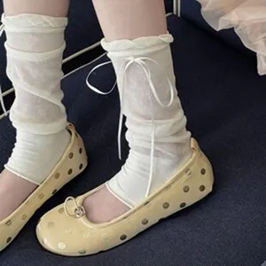 Sheer ruffle ribbon mid-calf socks paired with yellow polka dot flats for sweet daily wear.