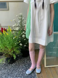 Summer women pink lace leg warmers sweet style cute socks detail view outdoor scene setup