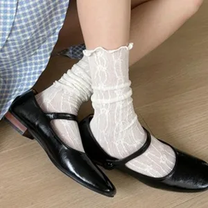 White lace ruffles socks with breathable mesh design, perfect for daily wear and sweet style.
