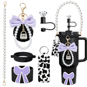 Accessories set for Stanley cup with pearl strap, bow keychain and lipstick pouch.