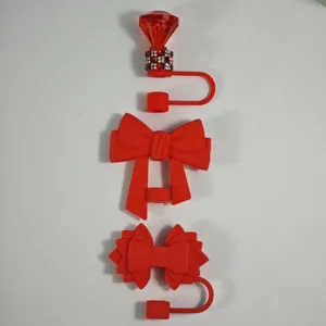 Red silicone straw covers cute bow diamond dust plugs for Stanley tumbler cup accessories.