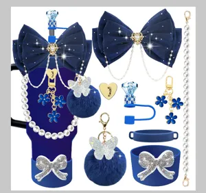 Blue Stanley cup accessories set with bow pearl chain charm and silicone sleeve detail