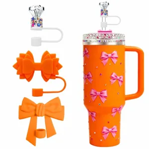 Oranje strass beker met roze strikken, diamantring rietje topper en siliconen strik rietje beschermers.