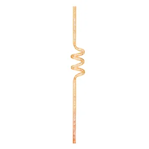 Orange glitter spiral plastic drinking straw detail view, reusable party drink accessory