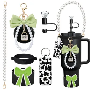 Stanley tumbler accessories set pearl handle strap bow keychain straw topper boot pouch