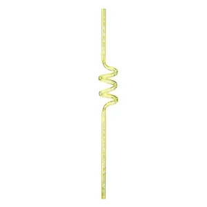 Gold glitter curly plastic drinking straw detail, reusable party hard straw close up view.