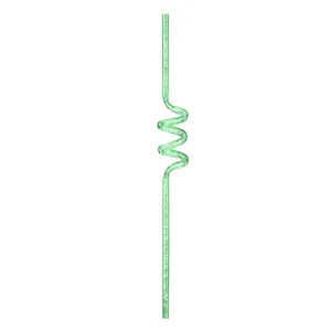 Close-up detail of green glitter curly plastic straw, showing sparkly texture and spiral shape.