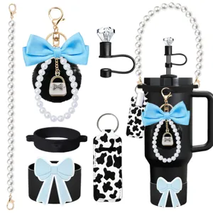 Stanley cup charm set pearl strap pom pom bow keychain diamond straw topper lipstick pouch
