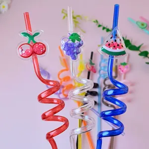 Detailed view of colorful fruit shaped spiral drinking straws with sparkling glitter charms.